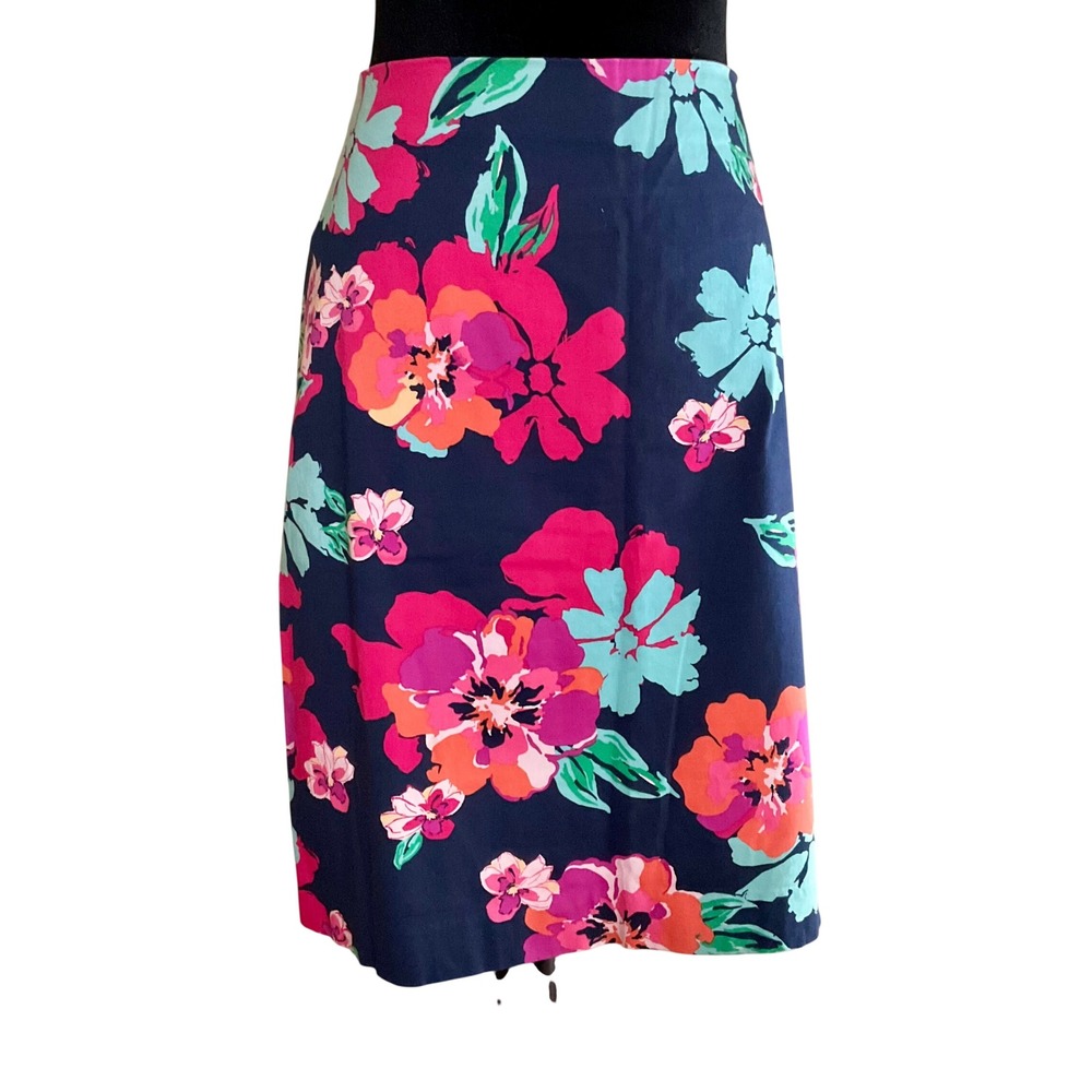 Talbots Petites‎ Navy Pink Floral Cotton Stretch Pencil Skirt 16P Office Career